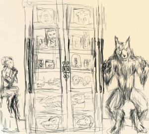 Taxidermy Faun & Werewolf next to cabinet of specimins Outline