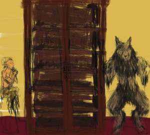 Taxidermy Faun & Werewolf next to cabinet of specimins-Recovered